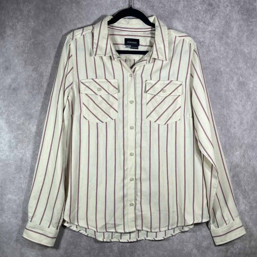 Marmot Shirt Womensβ Size XL Cream Red Striped Button Up Long Sleeve Casual